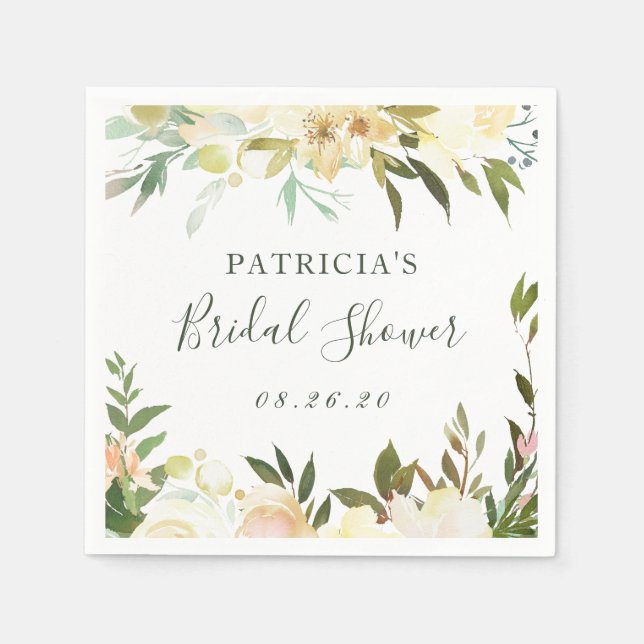 Greenery Watercolor Rustic Floral Bridal Shower Napkin (Front)