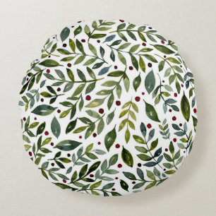 Greenery watercolor seasonal branches and berries round cushion