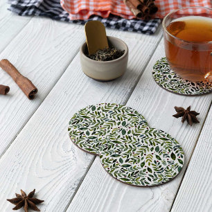 Greenery watercolor seasonal branches and berries round paper coaster