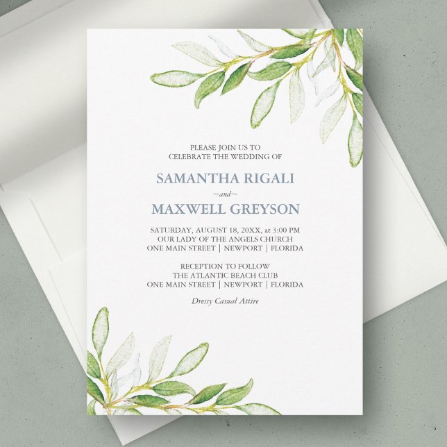 Greenery Watercolor Wedding Invites (wedding invitation sage green botanical watercolor greenery unique art by Victoria Grigaliunas )