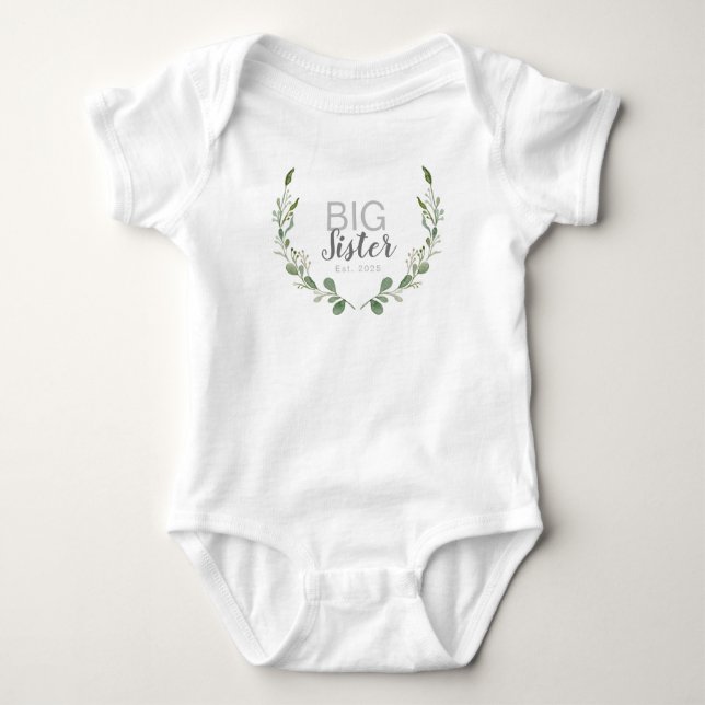 Greenery Watercolor Wreath | Big Sister Baby Bodysuit (Front)