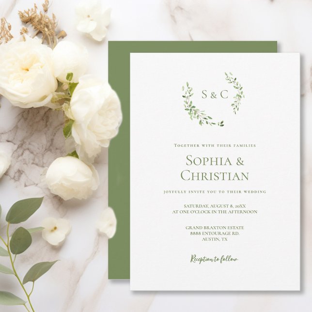 Greenery Watercolor Wreath leaf Monogram Wedding Invitation (Green white wedding monogram crest invitation.)