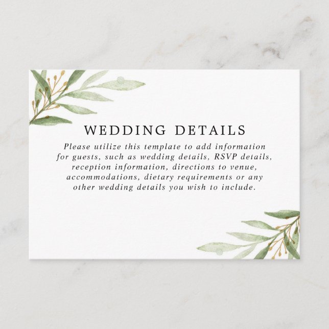 Greenery watercolors green gold wedding details enclosure card (Front)