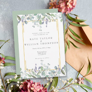 Greenery Watercolour Floral Sage Lilac Wedding Invitation