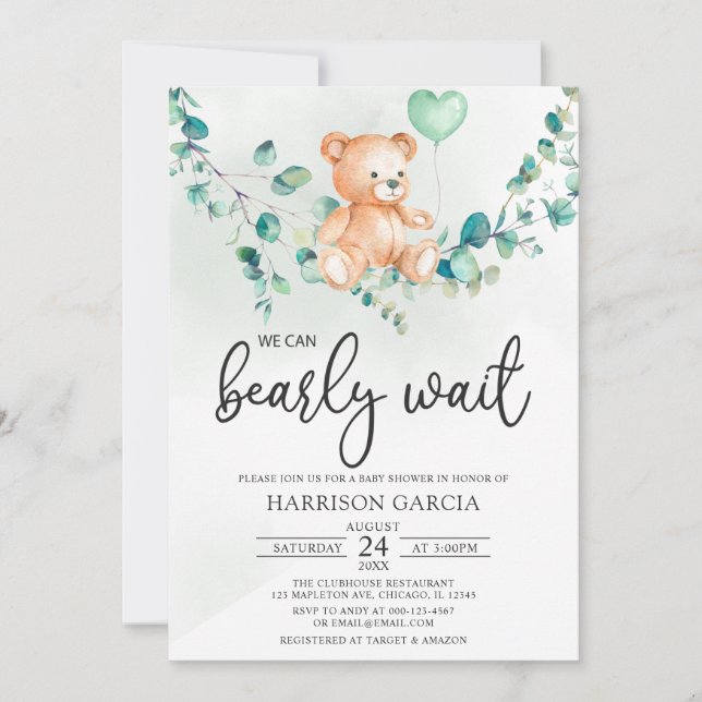 Greenery We Can Bearly Wait Teddy Bear Baby Shower Invitation (Front)
