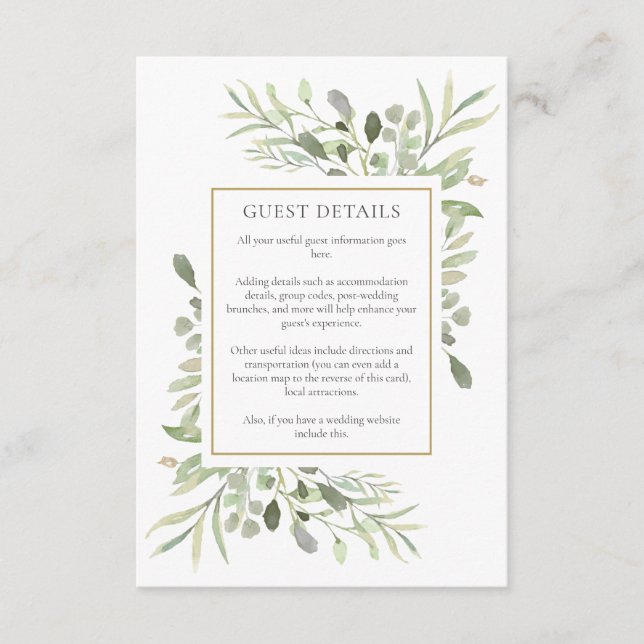 Greenery Wedding Accommodation Guest Details Enclosure Card (Front)