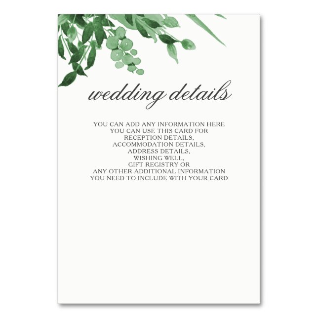 greenery wedding details card (Front)