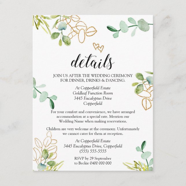 Greenery Wedding Details Enclosure Card Eucalyptus (Front)