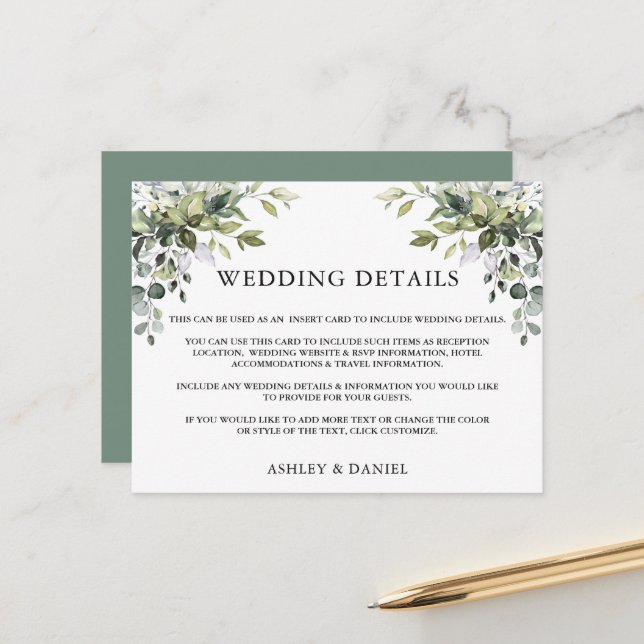 Greenery Wedding Details Sage Green Insert Card (Front/Back In Situ)
