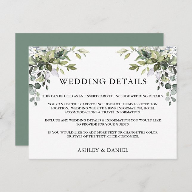 Greenery Wedding Details Sage Green Insert Card (Front/Back)