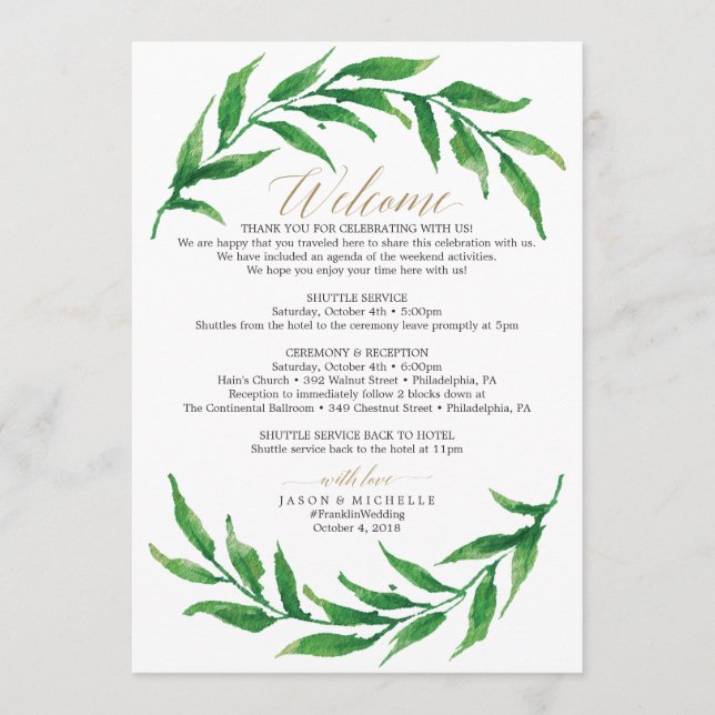 Greenery Wedding Itinerary Welcome Letter Program (Front)