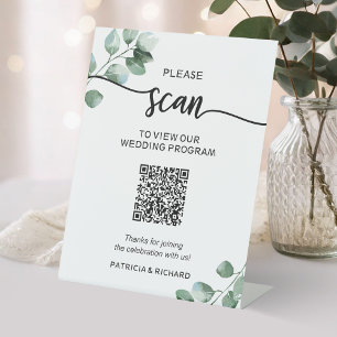 Greenery  Wedding Program QR code Pedestal Sign