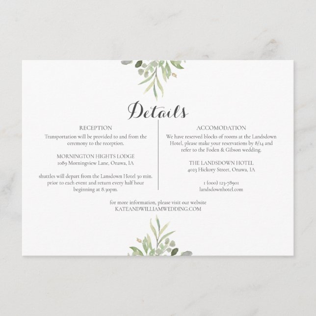 Greenery Wedding Script Details Information Enclosure Card (Front)