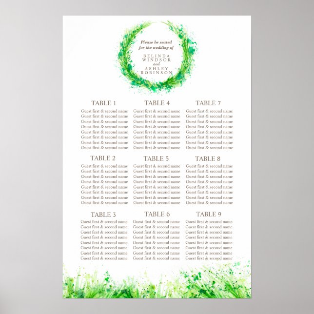 Greenery Wedding Seating Table Planner 1-9 tables Poster (Front)