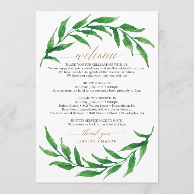 Greenery Wedding Welcome Itinerary Letter Program (Front)