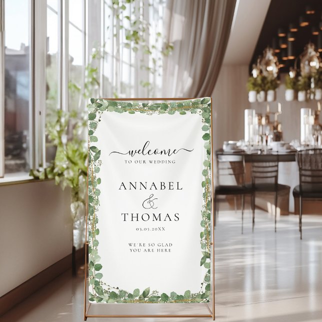 Greenery "Welcome" Wedding Banner (Greenery "Welcome" White, Wedding Banner with your Name and Date. )