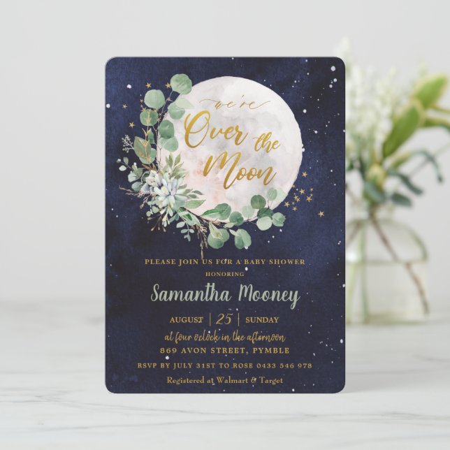 Greenery We're Over the Moon Neutral Baby Shower Invitation (Standing Front)