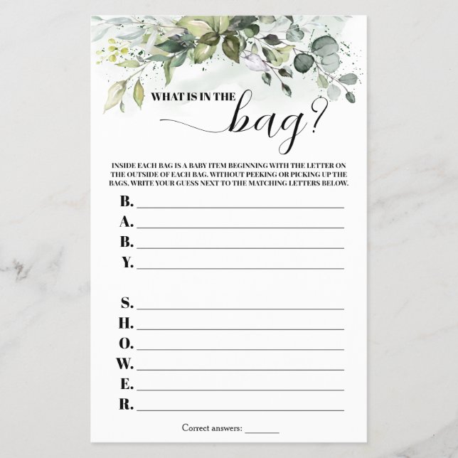 Greenery What is in the Bag Baby Shower Game Flyer (Front)