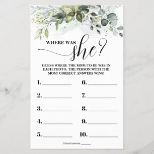Greenery Where was Mom to be Baby Shower Game Card