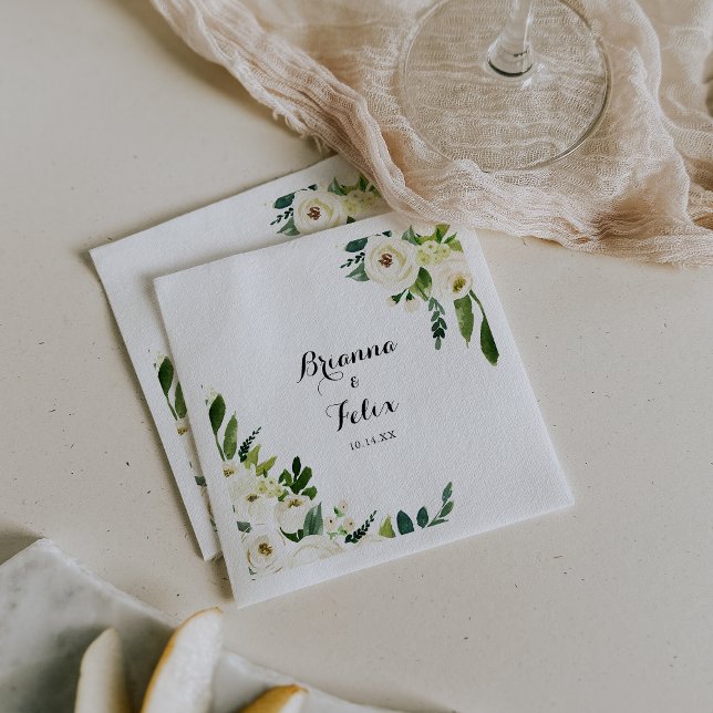 Greenery White Autumn Floral Calligraphy Wedding Napkin (Creator Uploaded)
