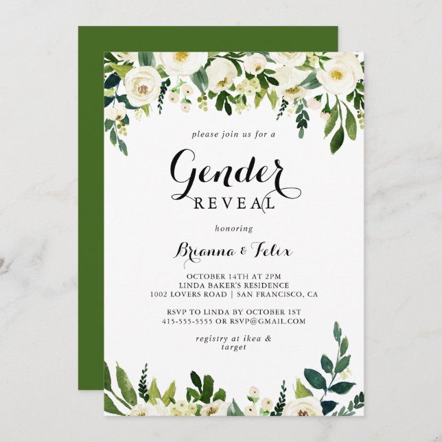 Greenery White Autumn Floral Gender Reveal Party Invitation (Front/Back)