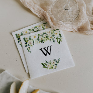 Greenery White Autumn Floral Monogram Wedding Napkin