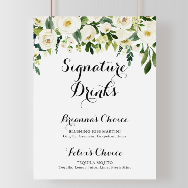 Greenery White Autumn Floral Signature Drinks Sign (Creator Uploaded)