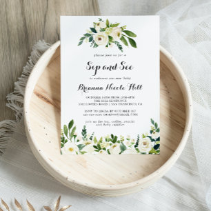 Greenery White Autumn Floral Sip and See Invitation