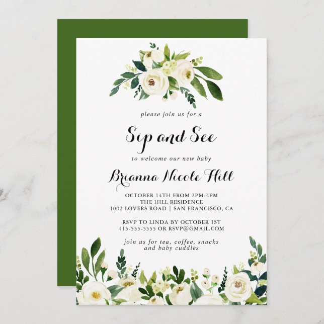 Greenery White Autumn Floral Sip and See Invitation (Front/Back)