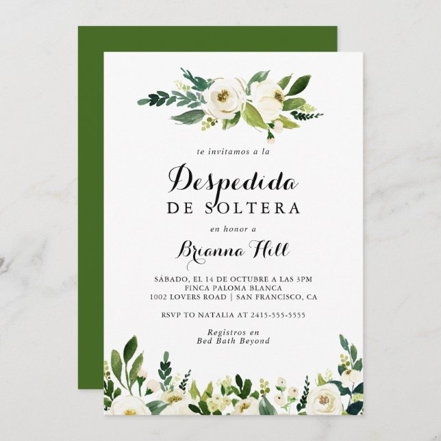Greenery White Autumn Floral Spanish Bridal Shower Invitation (Front/Back)