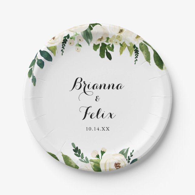Greenery White Autumn Floral Wedding Cake Paper Plate (Front)