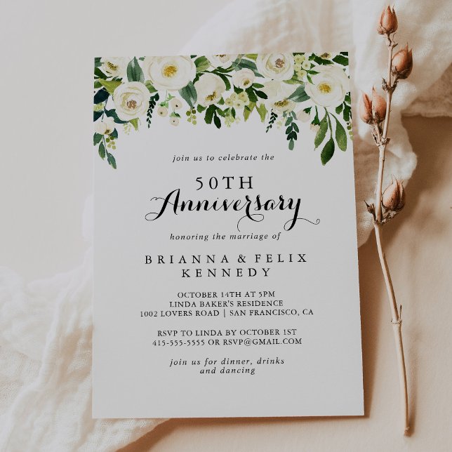 Greenery White Floral 50th Wedding Anniversary Invitation (Creator Uploaded)