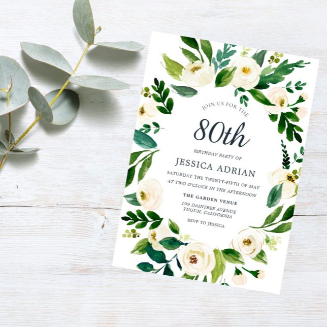 Greenery White Floral 80th Birthday Party Invite (Creator Uploaded)