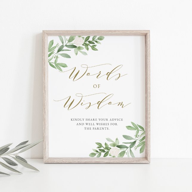 Greenery White Floral Baby Shower Words of Wisdom Poster (Creator Uploaded)