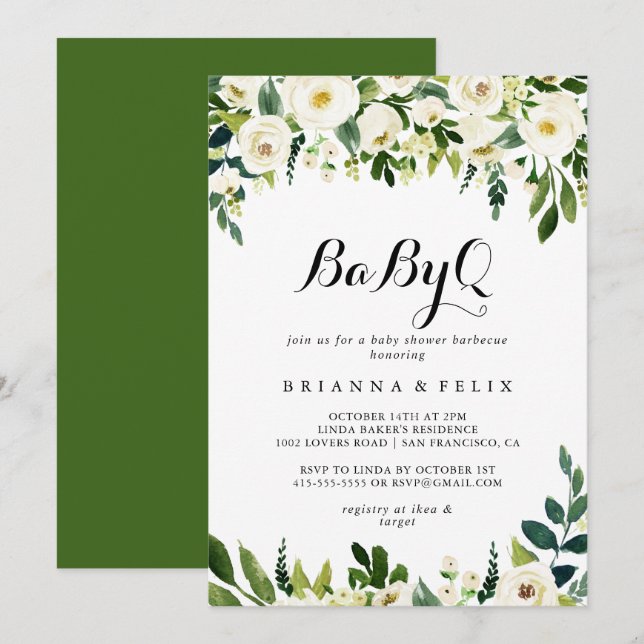 Greenery White Floral BabyQ Baby Shower Barbecue Invitation (Front/Back)