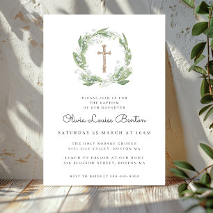 Greenery White Floral Baptism Invitation