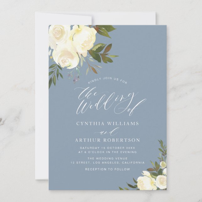 greenery white floral dusty blue wedding invitation (Front)