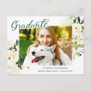 Greenery White Floral Graduation Announcement Postcard