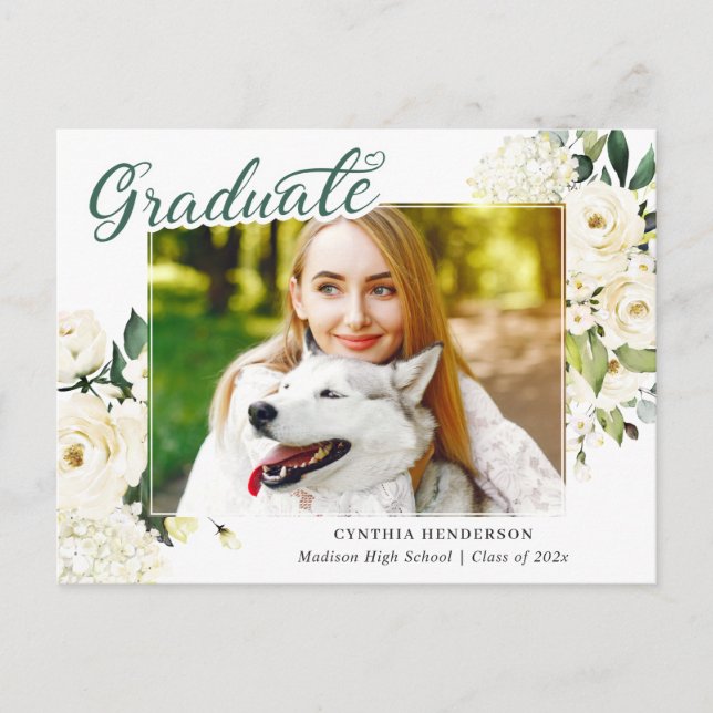 Greenery White Floral Graduation Announcement Postcard (Front)