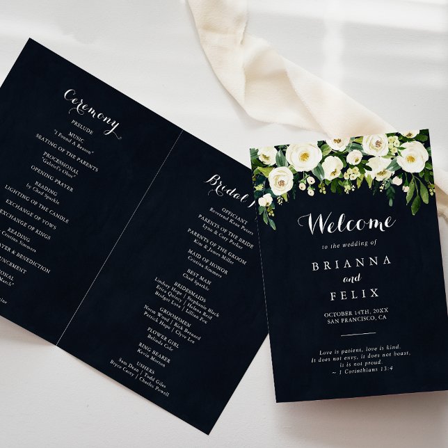 Greenery White Floral Royal Blue Folded Wedding  Program (Creator Uploaded)
