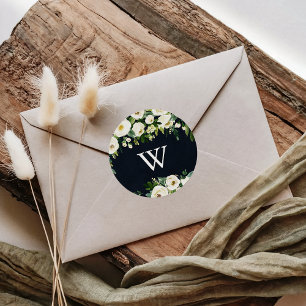 Greenery White Floral Royal Blue Monogram Wedding  Classic Round Sticker