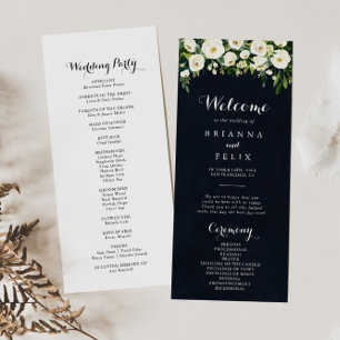 Greenery White Floral Royal Blue Wedding Program