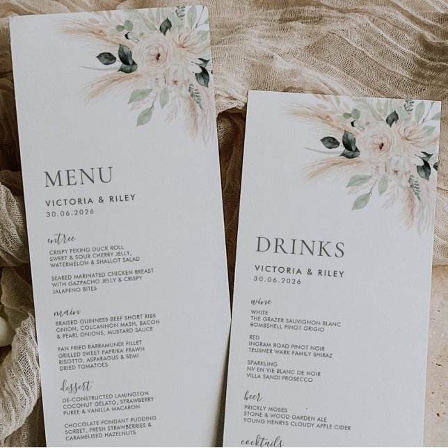 Greenery White Floral Wedding Menu VICTORIA (VICTORIA SUITE | Double Sided Menu / Drinks Menu | Matching items available)