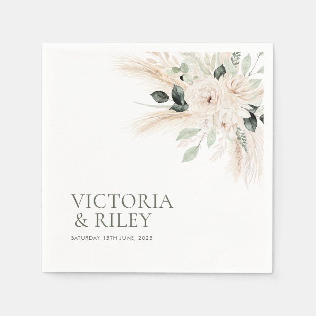 Greenery White Floral Wedding Napkins VICTORIA (Front)