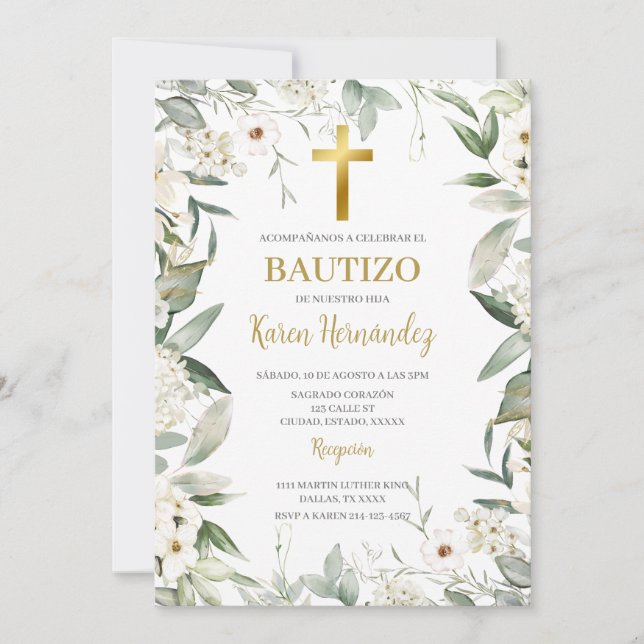 Greenery white flower Baptism Spanish Invitation (Front)