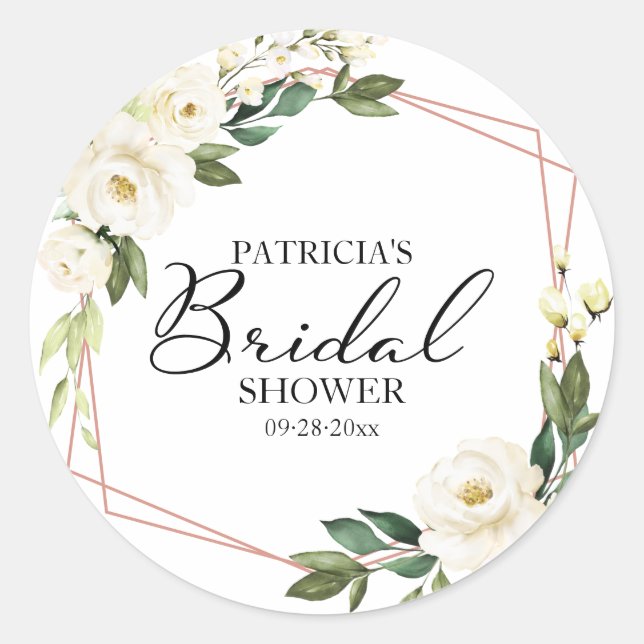 Greenery White Flowers Geometric Bridal Shower  Cl Classic Round Sticker (Front)