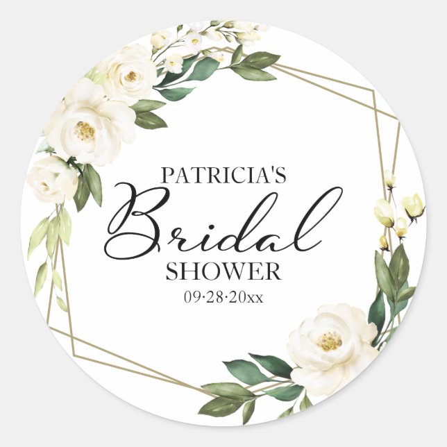 Greenery White Flowers Geometric Bridal Shower  Classic Round Sticker (Front)