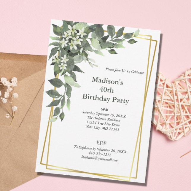 Greenery White Flowers Gold Frame Elegant Birthday Invitation (Creator Uploaded)