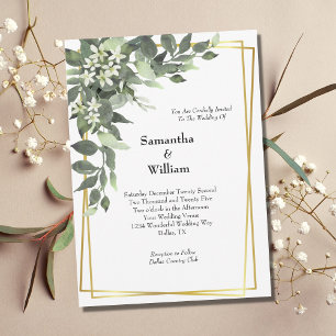 Greenery White Flowers Gold Frame Modern Wedding Invitation