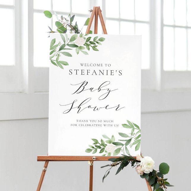 Greenery White Flowers Gray Baby Shower Welcome Poster (Creator Uploaded)